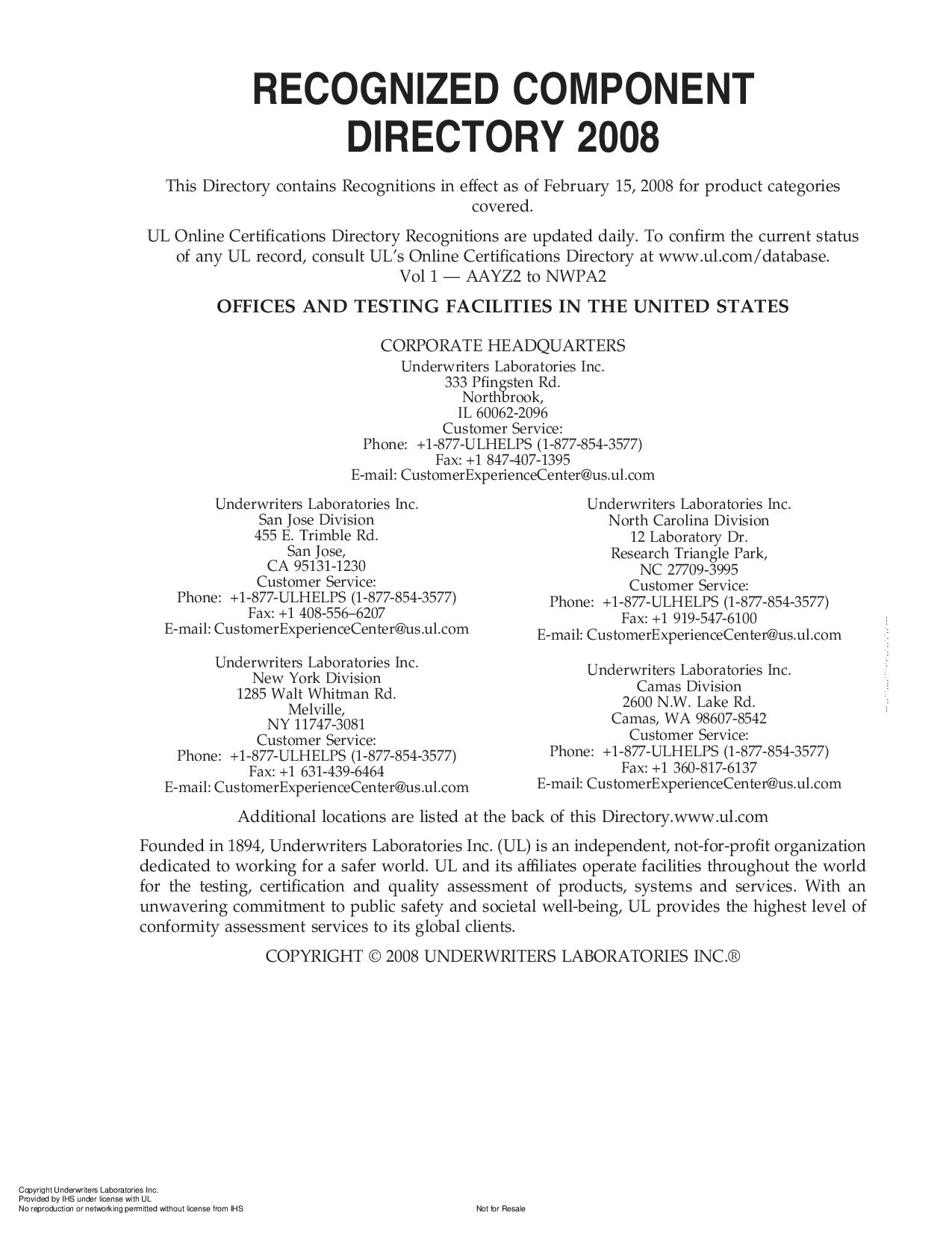 UL RECOGNIZED COMPONENT-2008封面图
