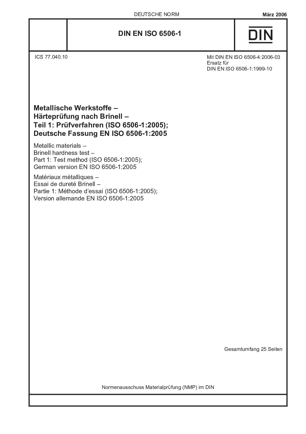DIN EN ISO 6506-1:2006封面图