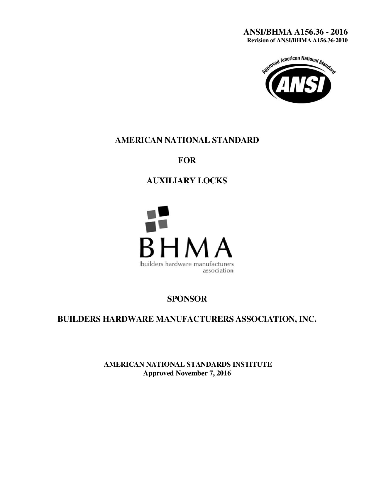 BHMA A156.36-2016封面图
