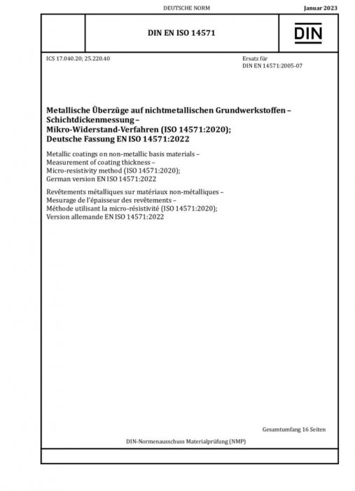 DIN EN ISO 14571:2023-01 非金属基材上的金属涂层 涂层厚度的测量 微电阻率法 标准