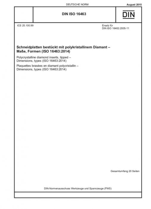 DIN ISO 16463:2015-08 聚晶金刚石镶片 带尖头 尺寸、类型 标准