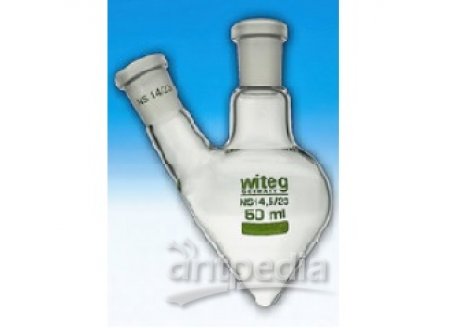 FLASK, PEAR SHAPED, 100 ML, 2 NECKS,  SIDE NECK ANGLED, CENTER & SIDE NECK  ST 14/23, ACC. TO DIN 12