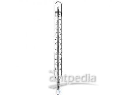 STEM THERMOMETERS, DIN 16178  OPAL GLASS SCALE, YELLOW ENAMELLED,  MERCURY FILLING,  0 +160| 2°C, L