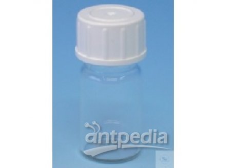 SPECIMEN BOTTLE, WITH SCREW  THREAD, CAP PE, FOR TESTS AND  PILLS ETC., HEIGHT 75 MM, DIA.  27 MM, C