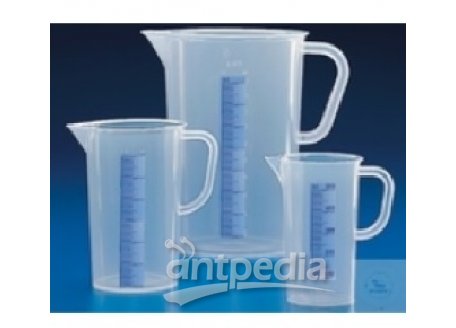MEASURING BEAKERS,  WITH HANDLE AND SPOUT,  TRANSPARENT,PP BLUE GRADUATED,  3000:100 ML; H 242; ? 17