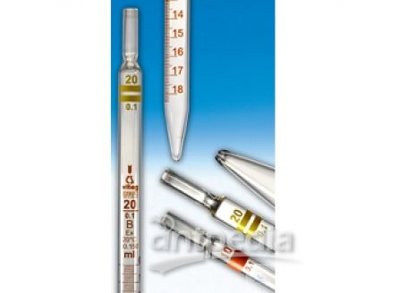 GRADUATED PIPETTES,SHORT LINE 1,0 : 0,1 ML, DIN-B,MOUTH PIECE FOR COTTON PLUGGING
