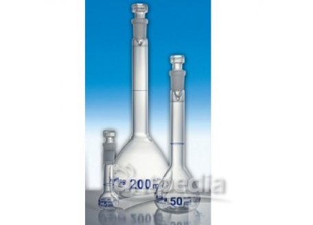 VOLUMETRIC FLASKS, 10 ML, DIN-A, CONFORMITY CERTIFIED,   RING MARKS, INSCRIPTION, BLUE GRADUATED,   ST-HOLLOW GLASS STOPPERS, ST 7/16