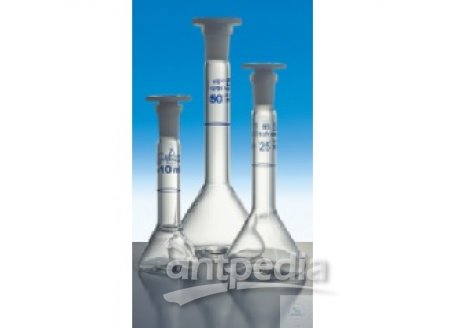 VOLUMETRIC FLASKS, TRAPEZOIDAL, WITH  ST-PE-STOPPER, DIN-A, CONF. CERT.,  20 ML, ST 10/19, DIFFICO BLUE