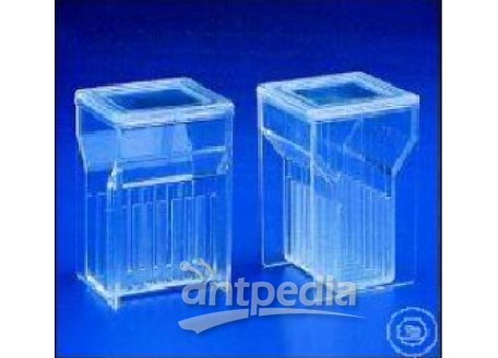 STAINING JAR, PMP, "HELLENDAHL", WITH COVER,  FOR. 8 OR 16 SLIDES, 58 X 53,5 MM, HEIGHT 86 MM,  CRYS