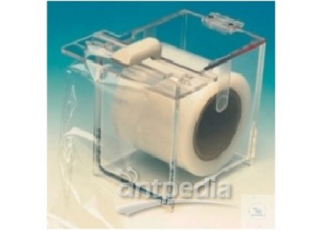Parafilm dispenser, made of Acrylic, transparent,  120 x 160 x 170 cm, for standard rolls and double rolls  10 cm wide, also for 5 cm wide rolls, with hinged lid,  efficient cutter, covered