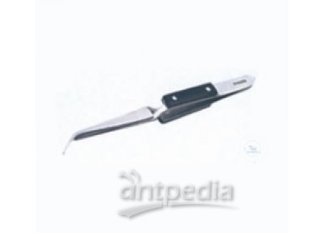 Forceps, length 160 mm, fine points, bent,  selftension, plastic handle, stainless steel