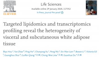 Life Sciences: 靶向脂质组学和转录组学分析揭示了内脏和皮下白色脂肪组织的异质性