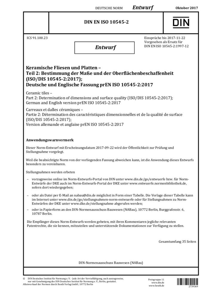 DIN EN ISO 10545-2 E:2017-10封面图