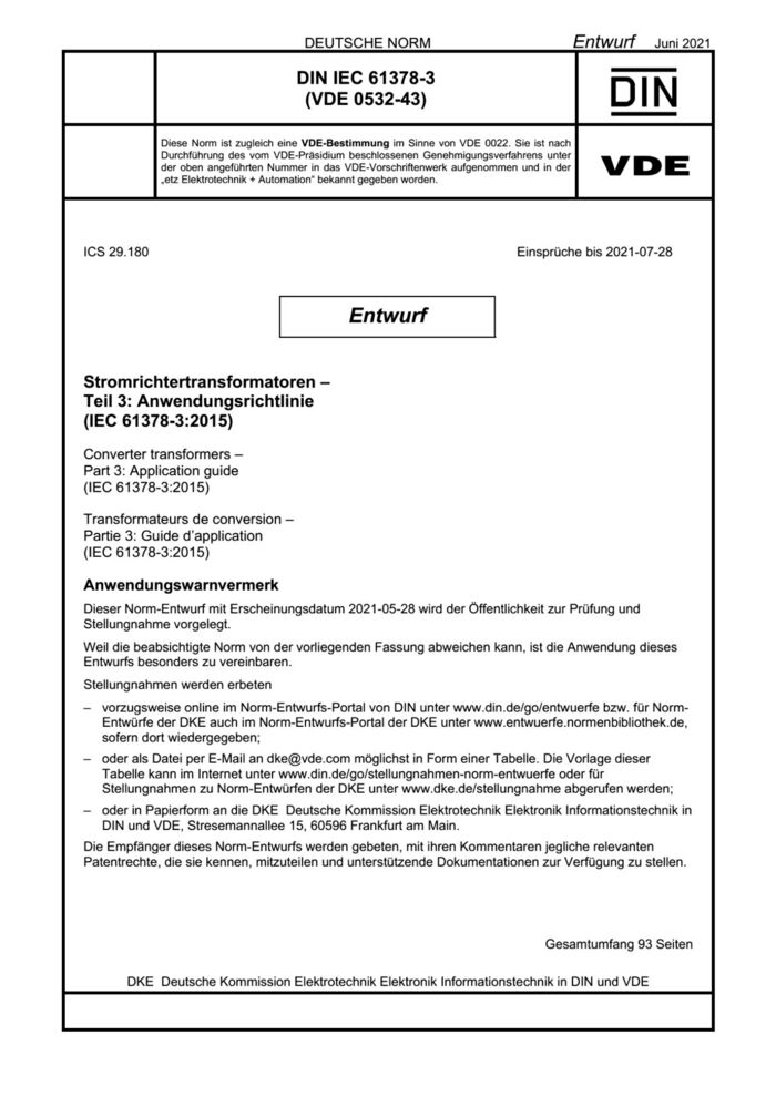 VDE 0532-43 E DIN IEC 61378-3:2021-06