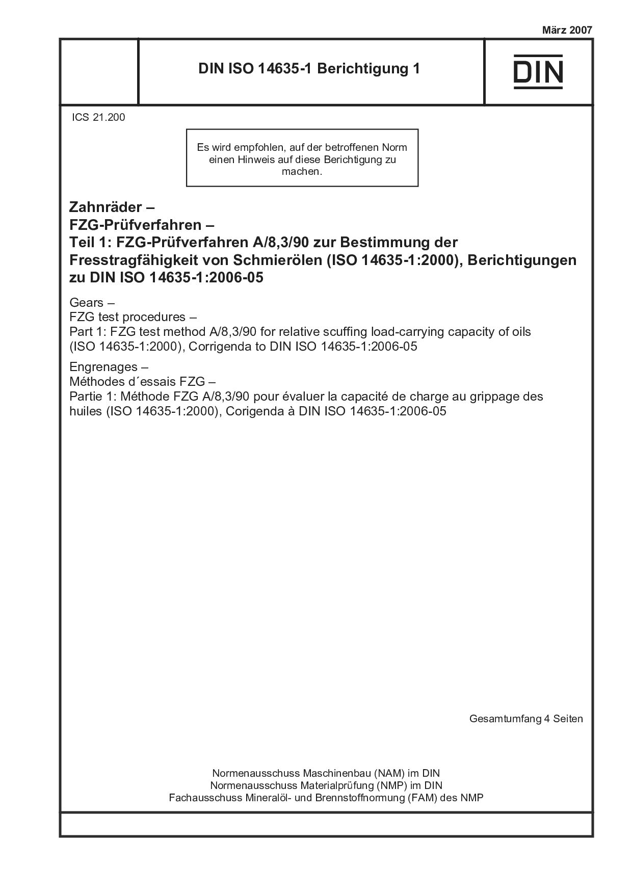 DIN ISO 14635-1 Berichtigung 1:2007封面图