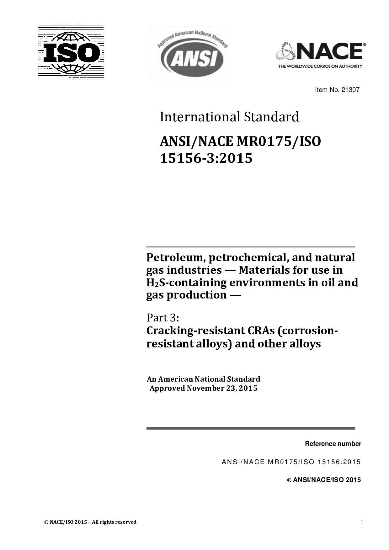 ANSI/NACE MR0175*ISO 15156-3:2015封面图