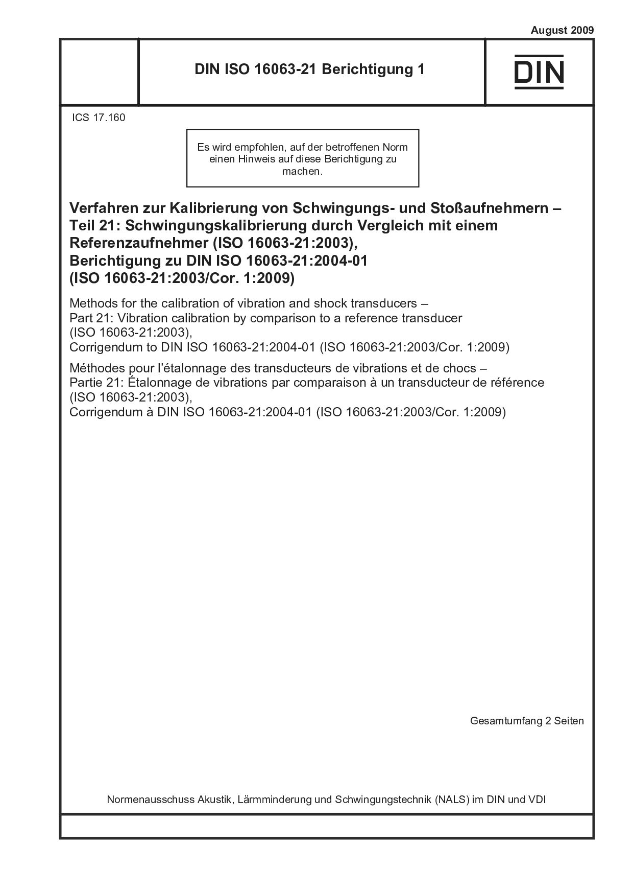 DIN ISO 16063-21 Berichtigung 1:2009