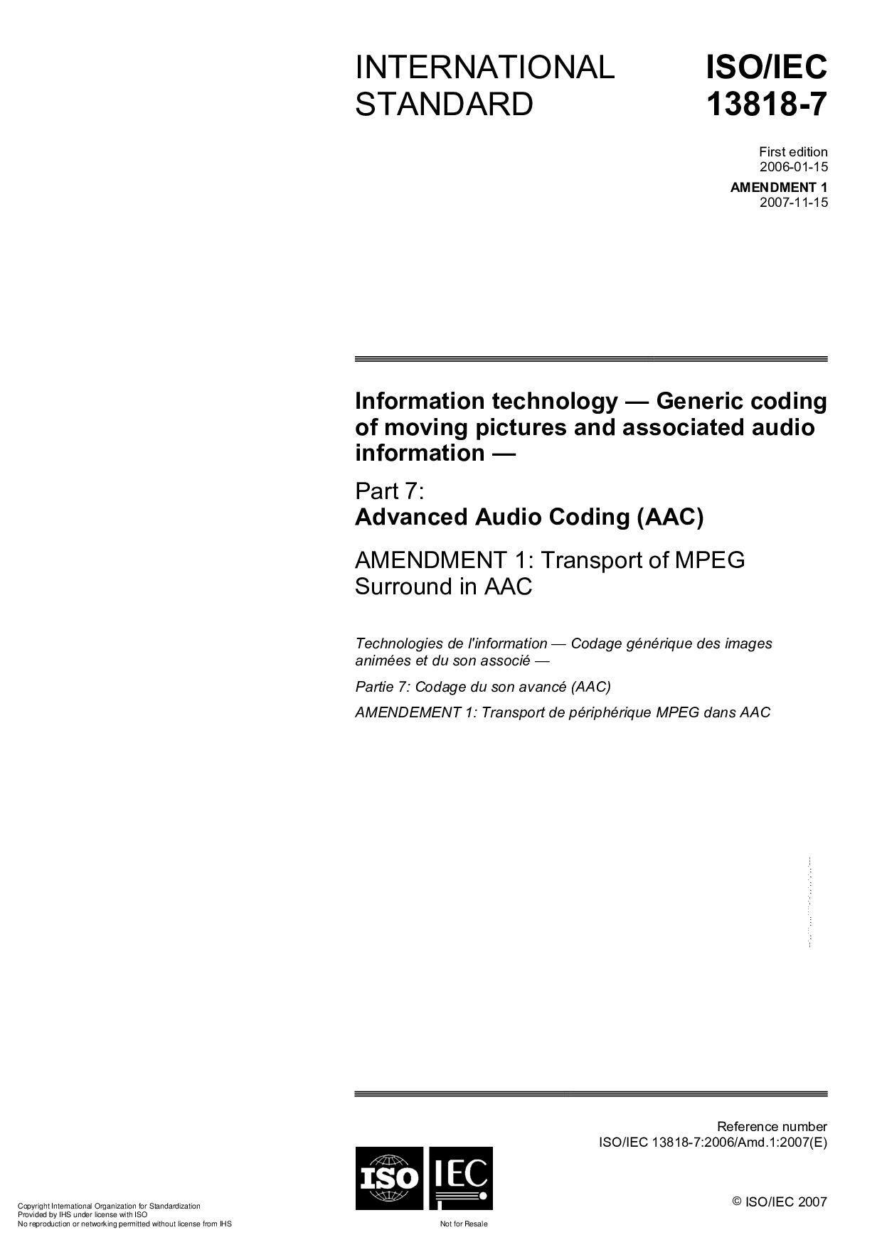 ISO/IEC 13818-7:2006/Amd 1:2007封面图