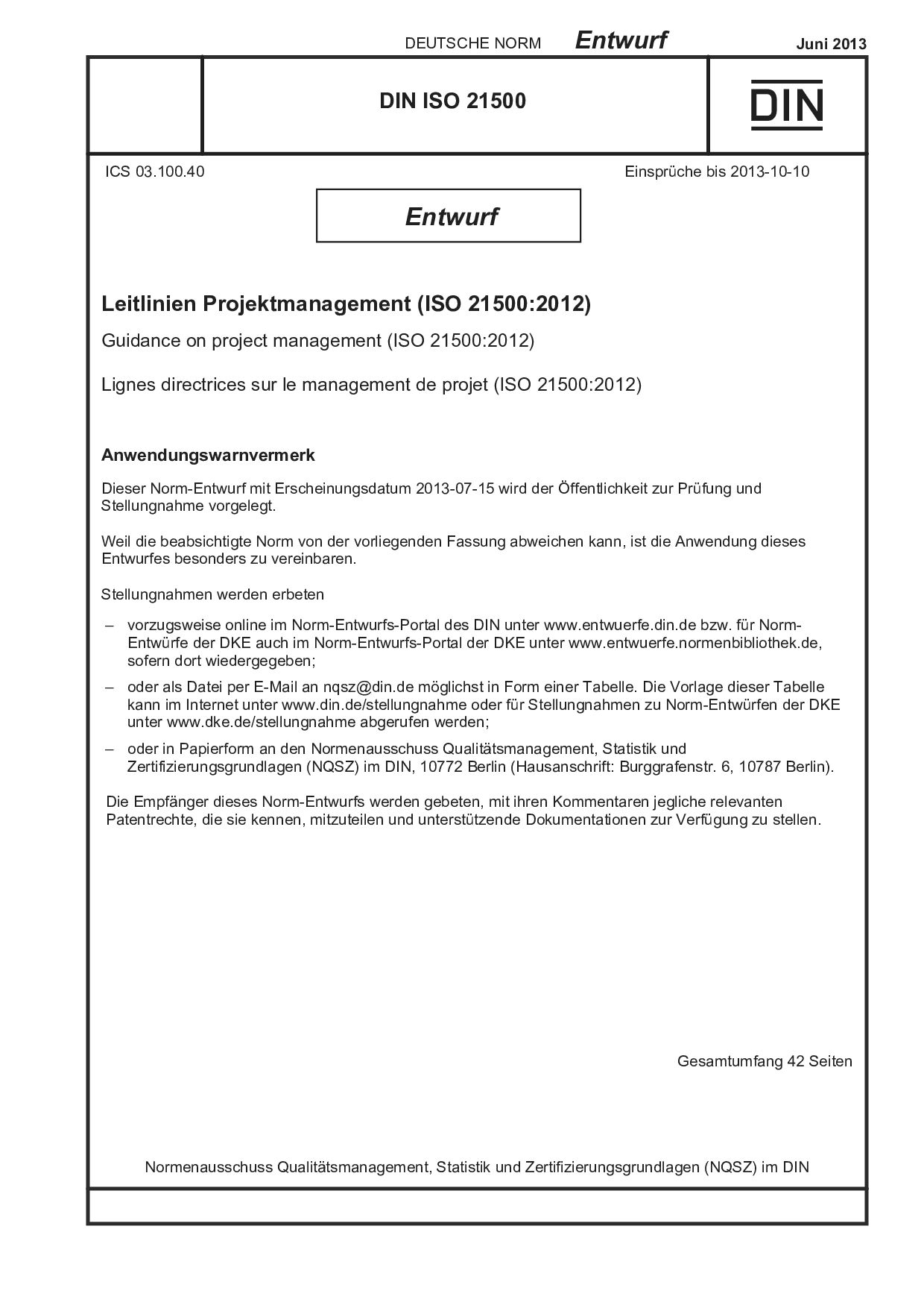 DIN ISO 21500 E:2013-06封面图