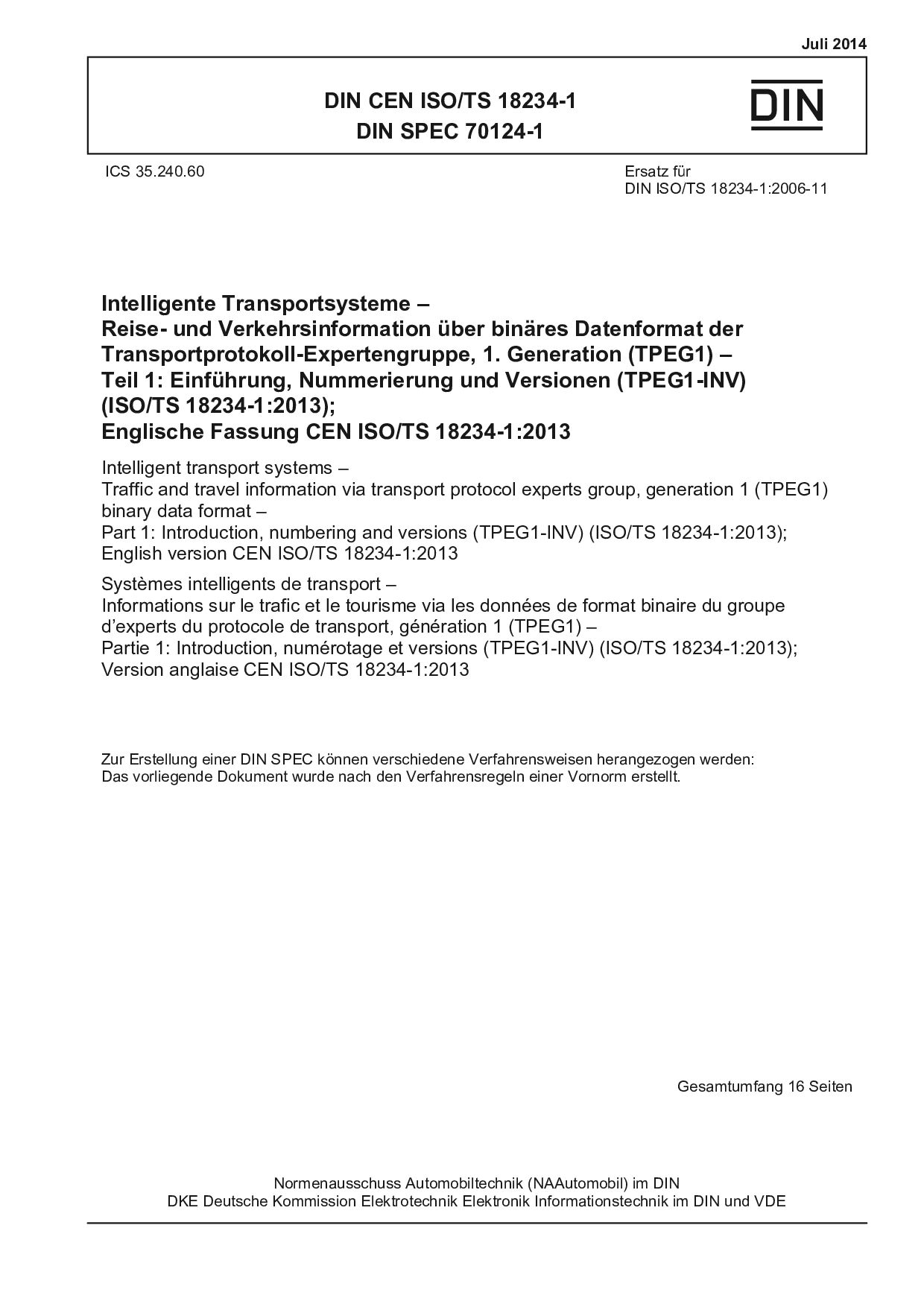 DIN CEN ISO/TS 18234-1:2014*DIN SPEC 70124-1:2014封面图