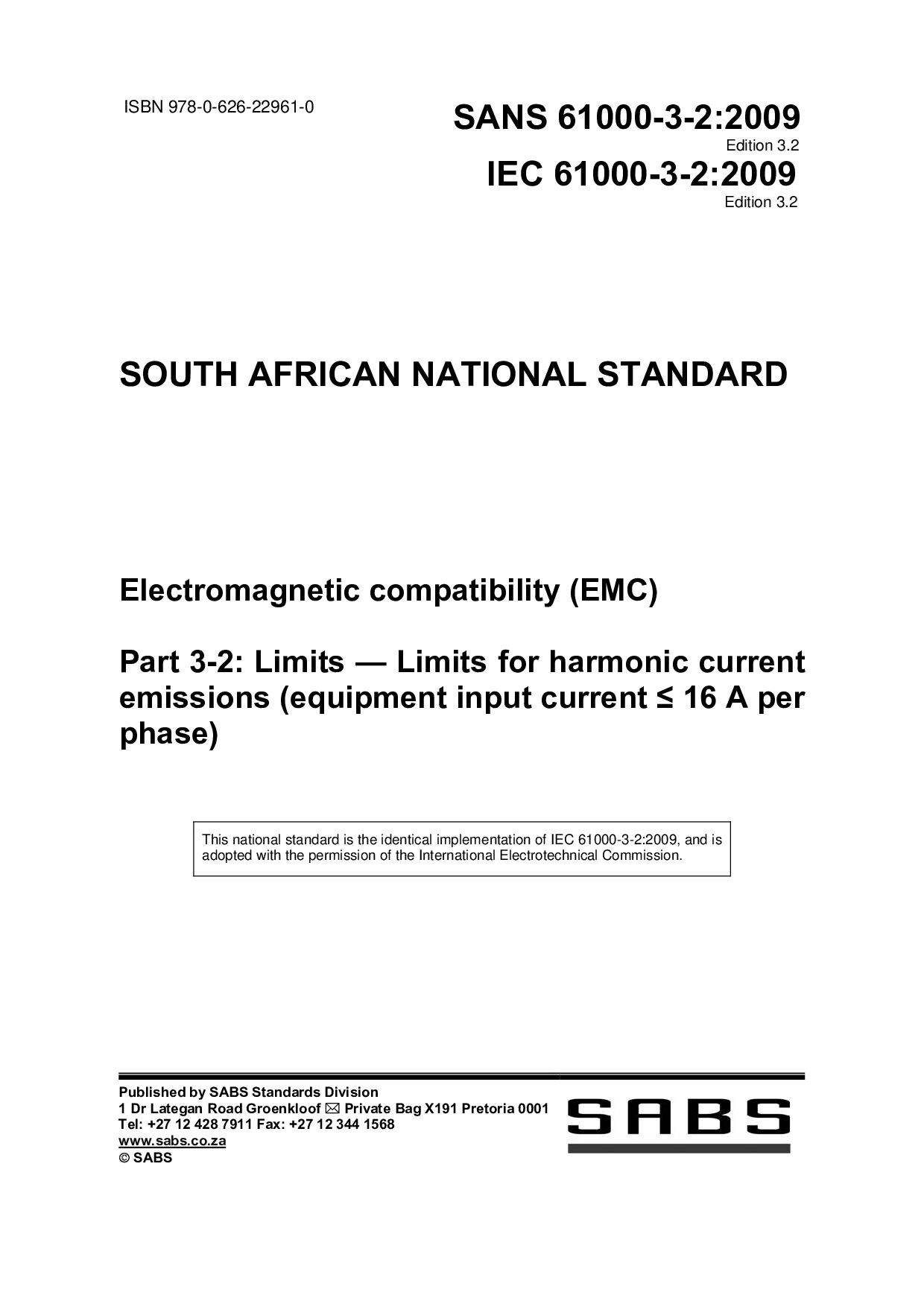SANS 61000-3-2:2009封面图
