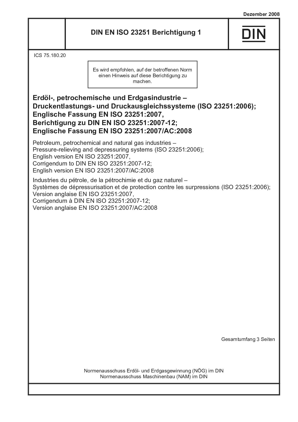 DIN EN ISO 23251 Berichtigung 1:2008