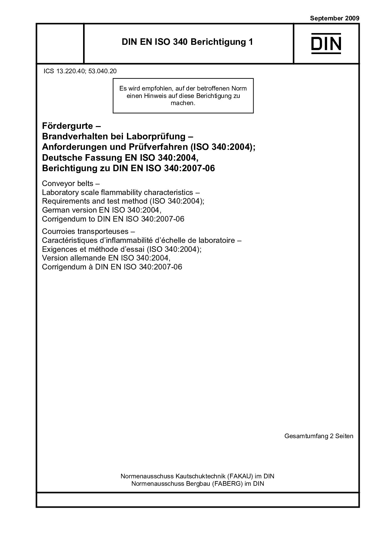 DIN EN ISO 340 Berichtigung 1:2009