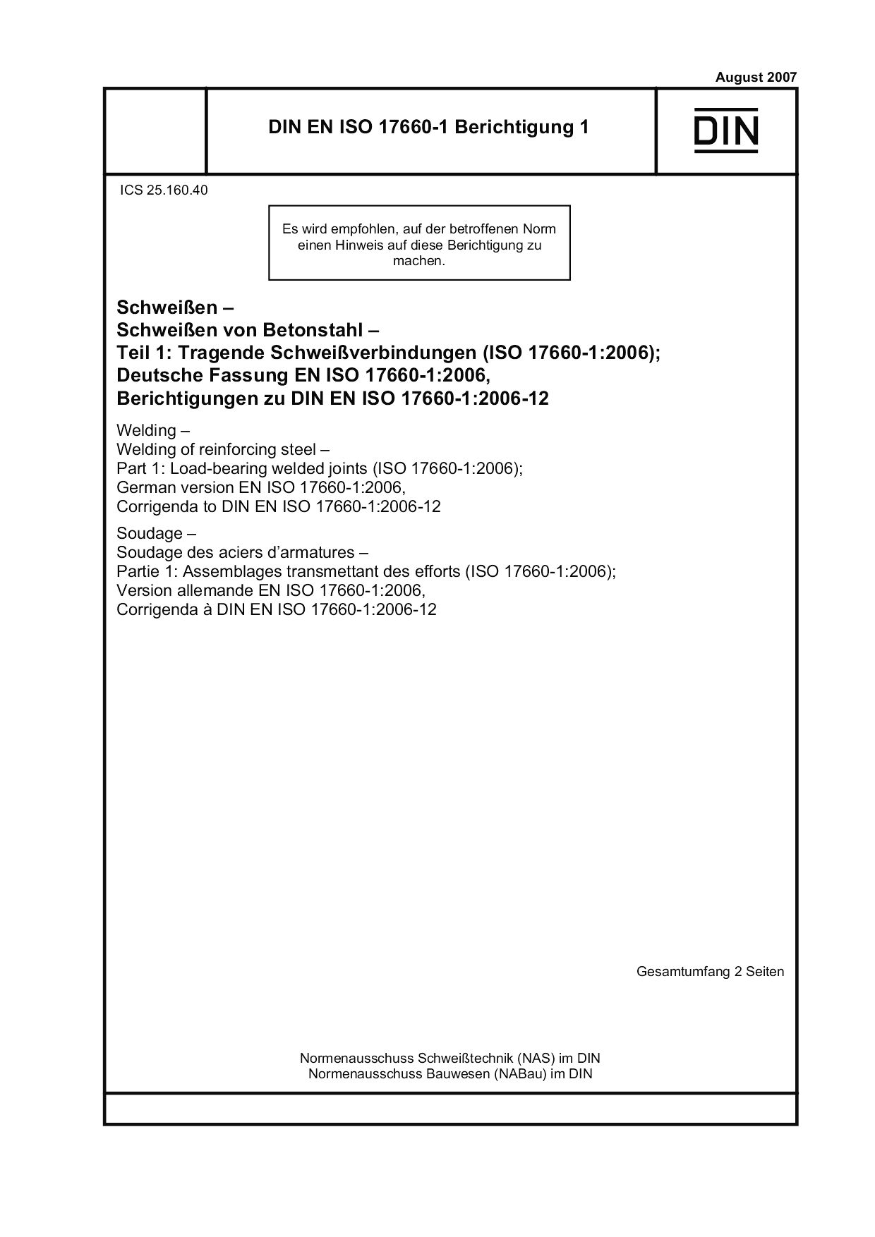 DIN EN ISO 17660-1 Berichtigung 1:2007封面图