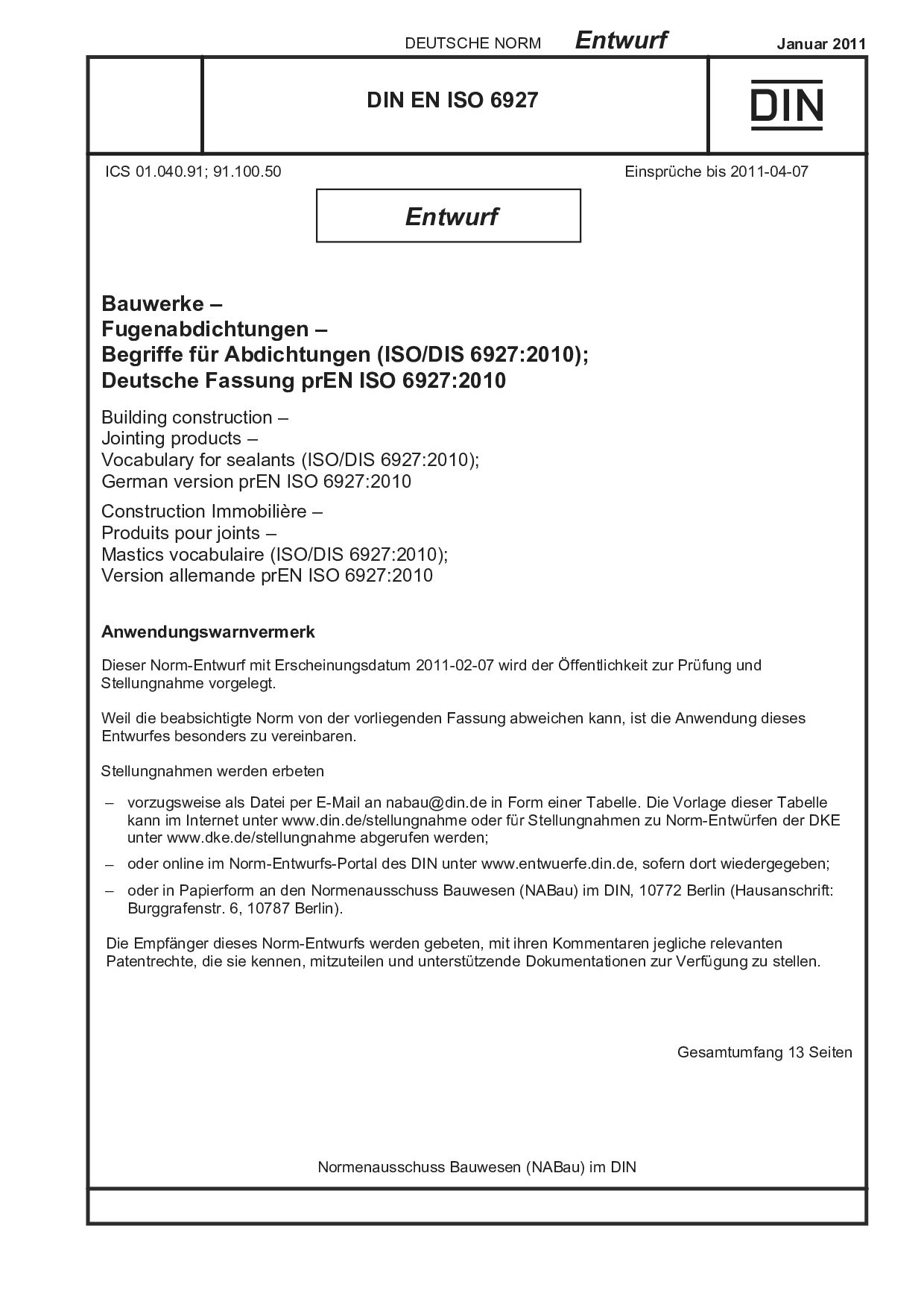 DIN EN ISO 6927 E:2011-01封面图