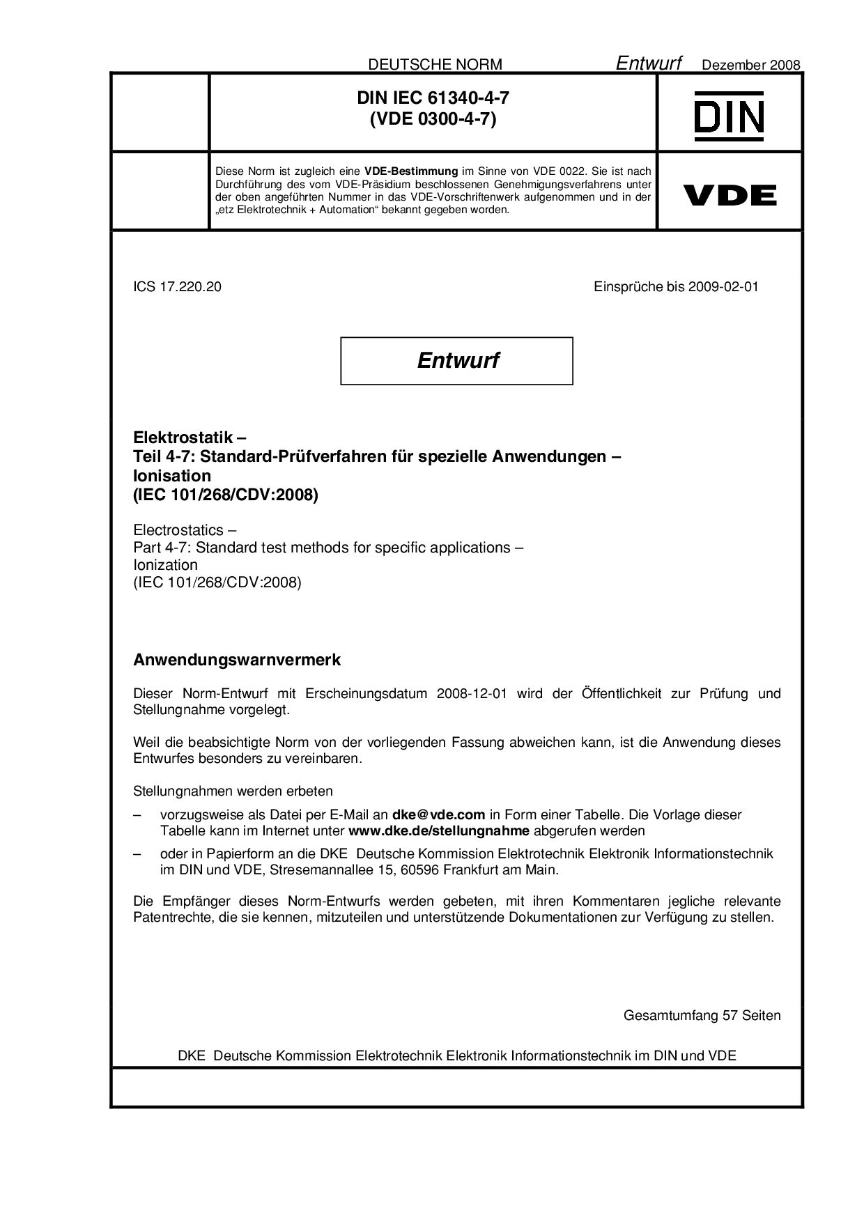 VDE 0300-4-7 E DIN IEC 61340-4-7:2008-12