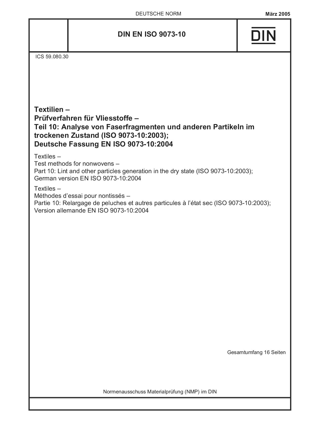 DIN EN ISO 9073-10:2005-03封面图