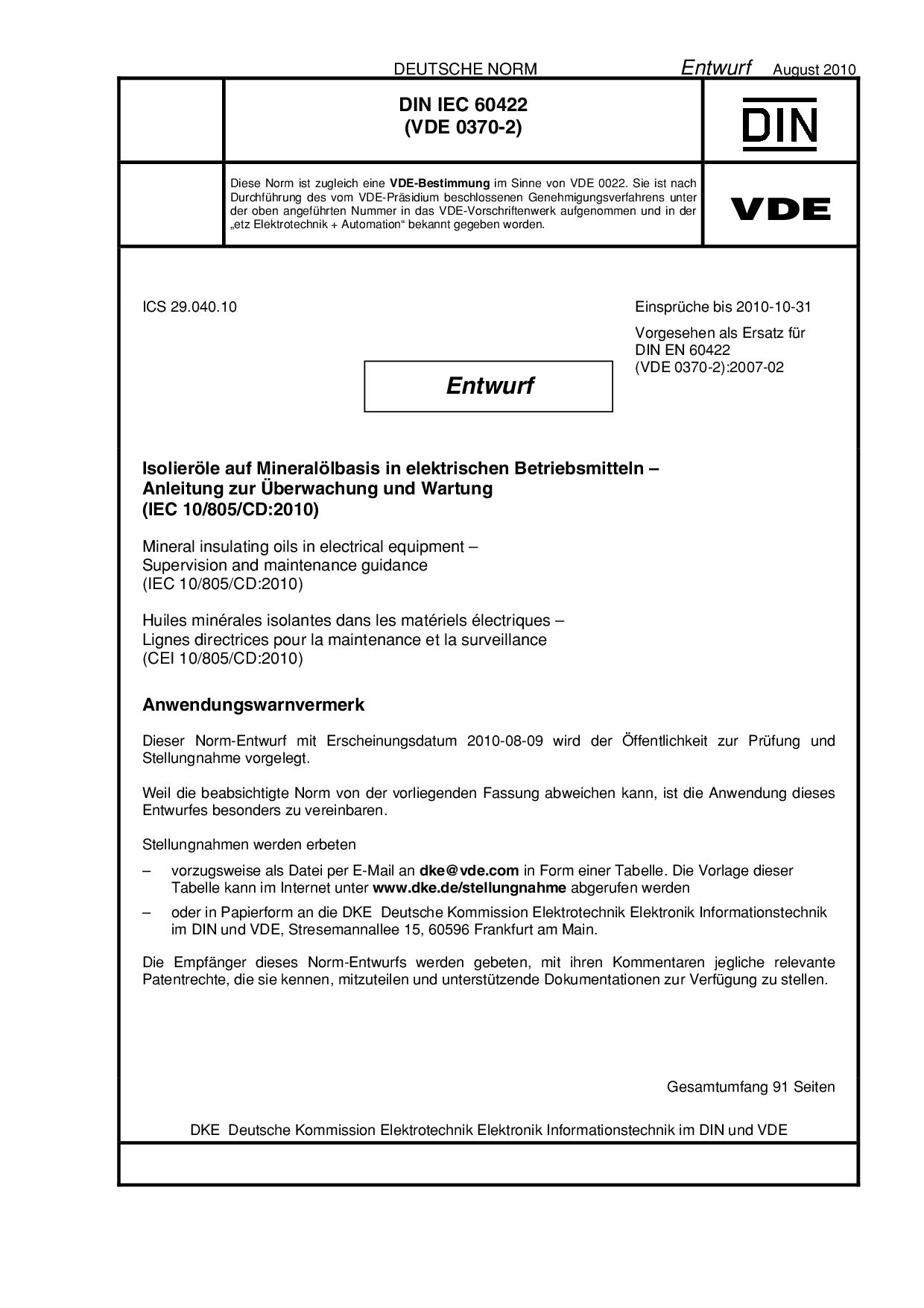 VDE 0370-2 E DIN IEC 60422:2010-08