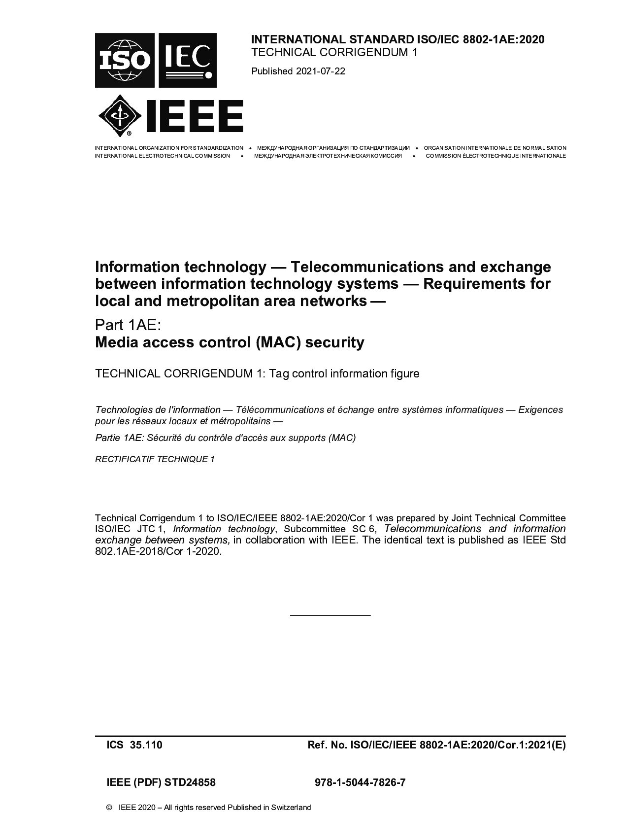 ISO/IEC/IEEE 8802-1AE:2020/Cor 1:2021