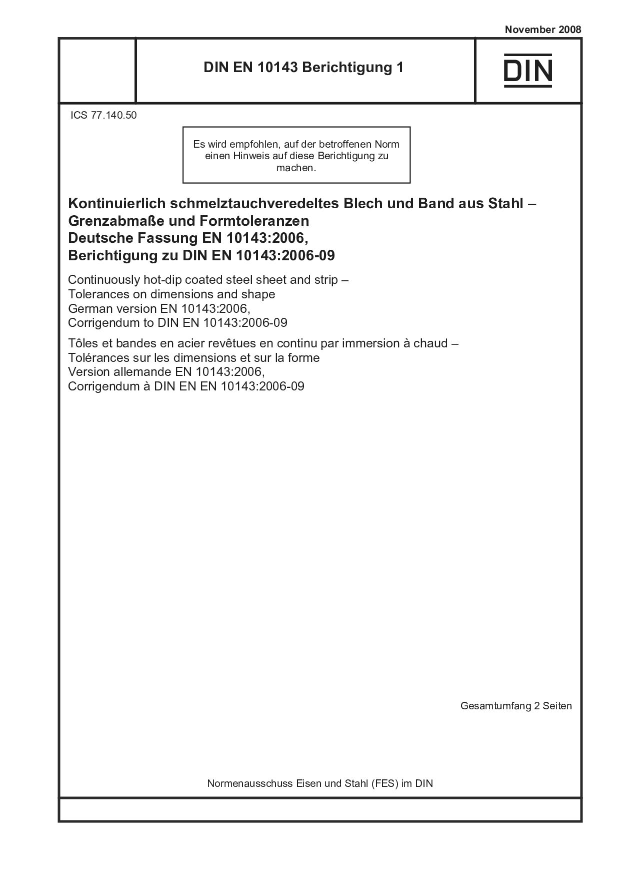 DIN EN 10143 Berichtigung 1:2008-11封面图