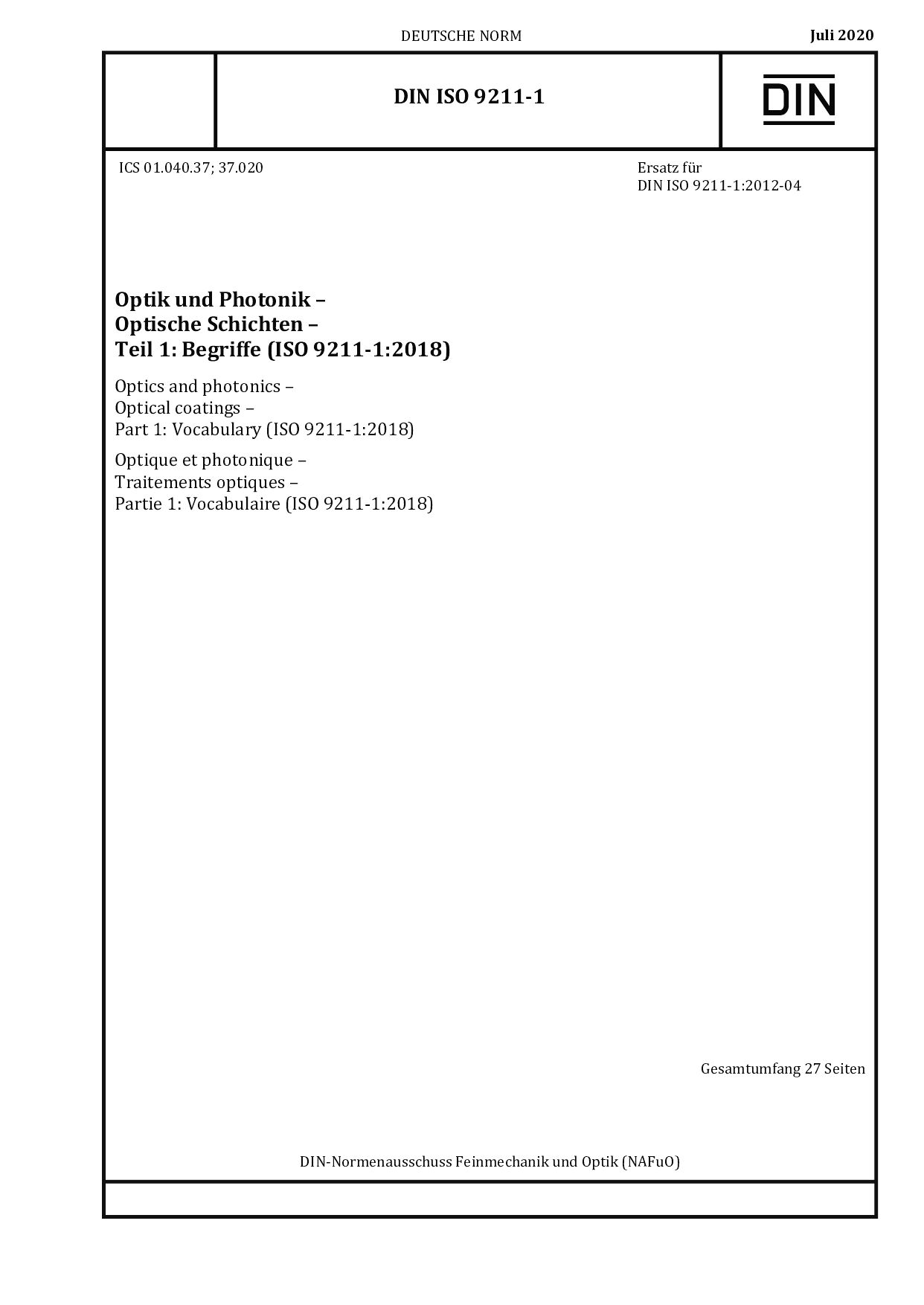 DIN ISO 9211-1:2020封面图