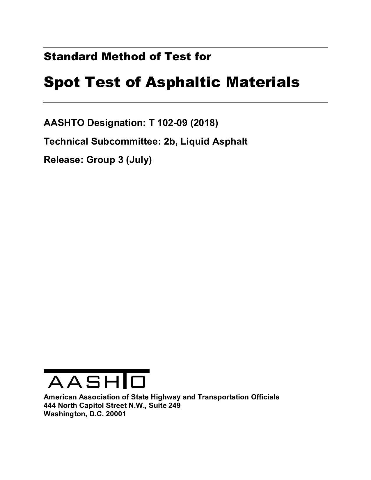 AASHTO T 102-2009(R2018)封面图