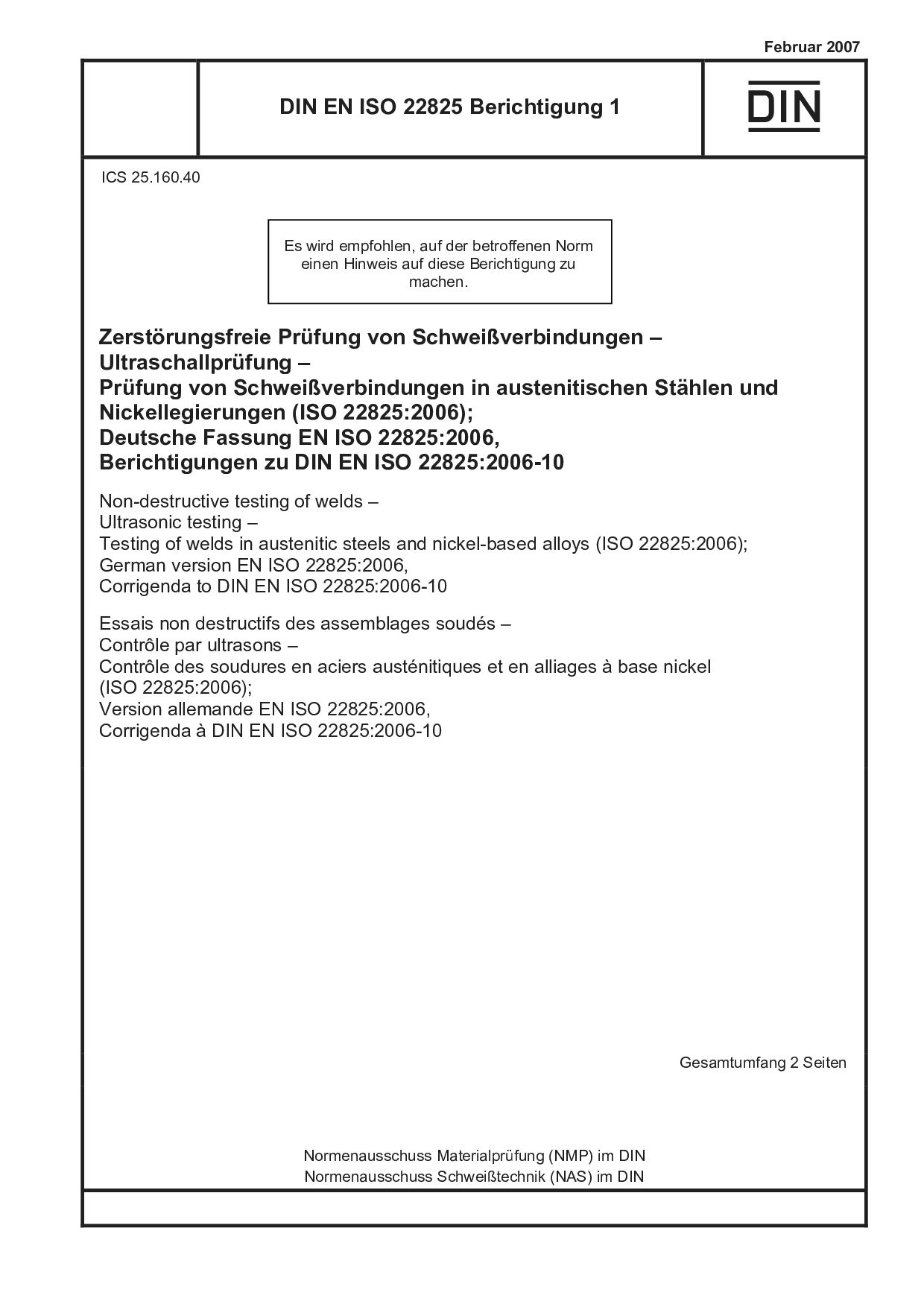 DIN EN ISO 22825 Berichtigung 1:2007封面图