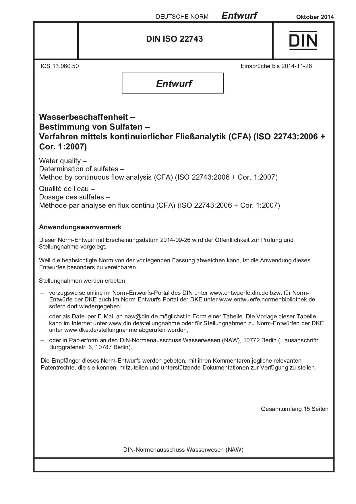 DIN ISO 22743 E:2014-10封面图