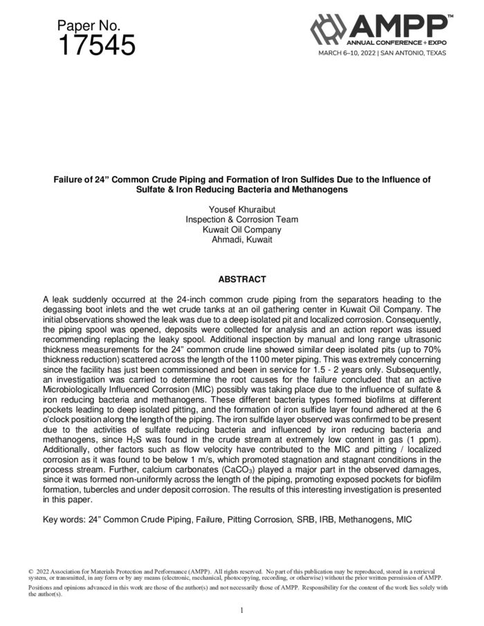 AMPP Paper 17545-2022 24英寸常规原油管道的失效及铁硫化物的形成 标准全文