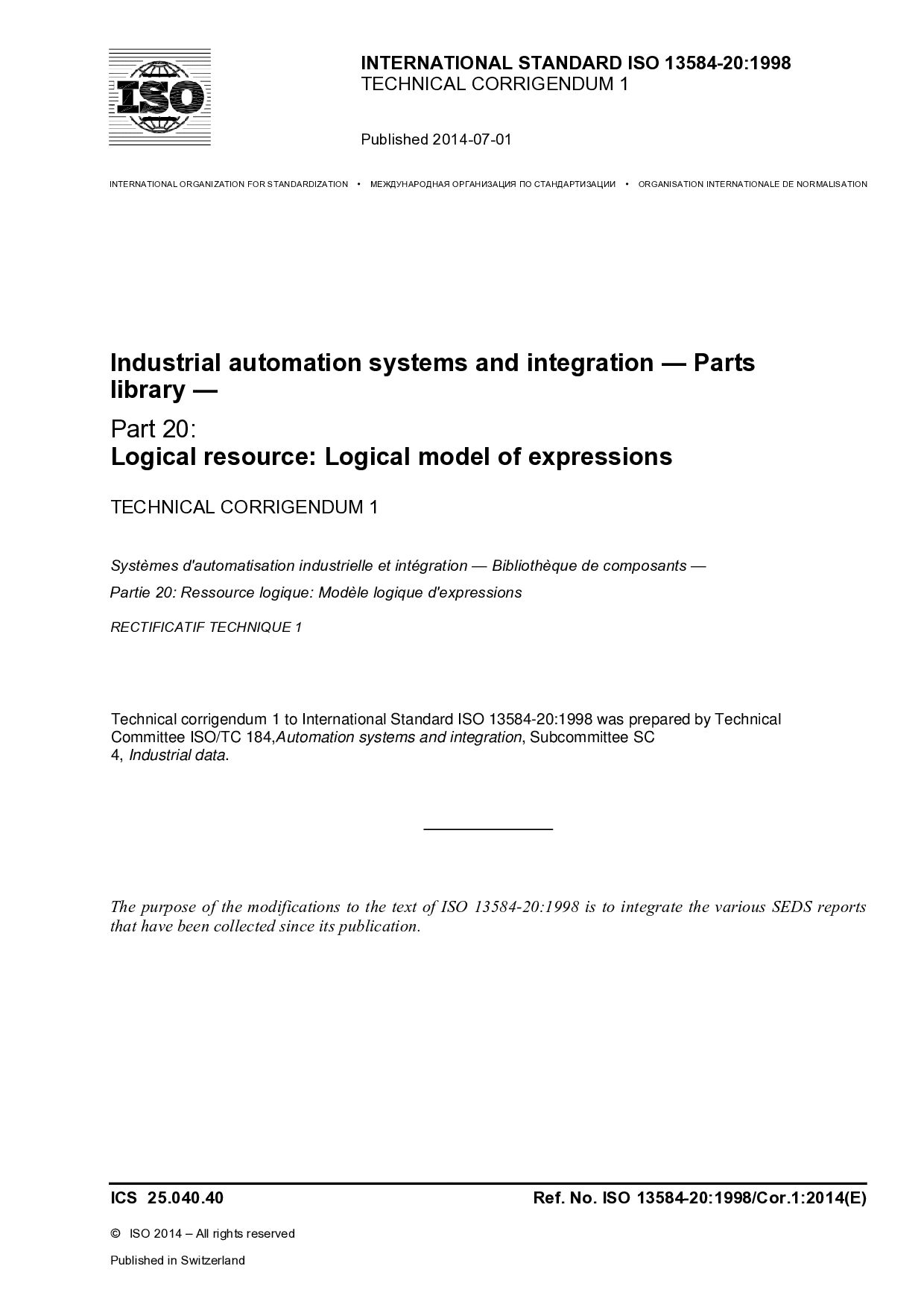 ISO 13584-20 Technical Corrigendum 1-2014