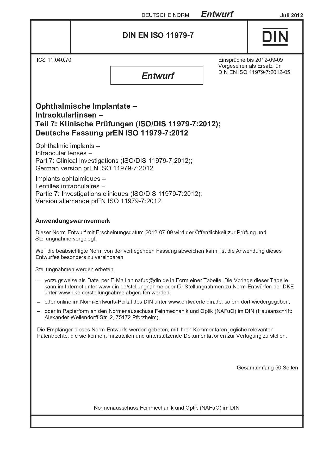 DIN EN ISO 11979-7 E:2012-07封面图