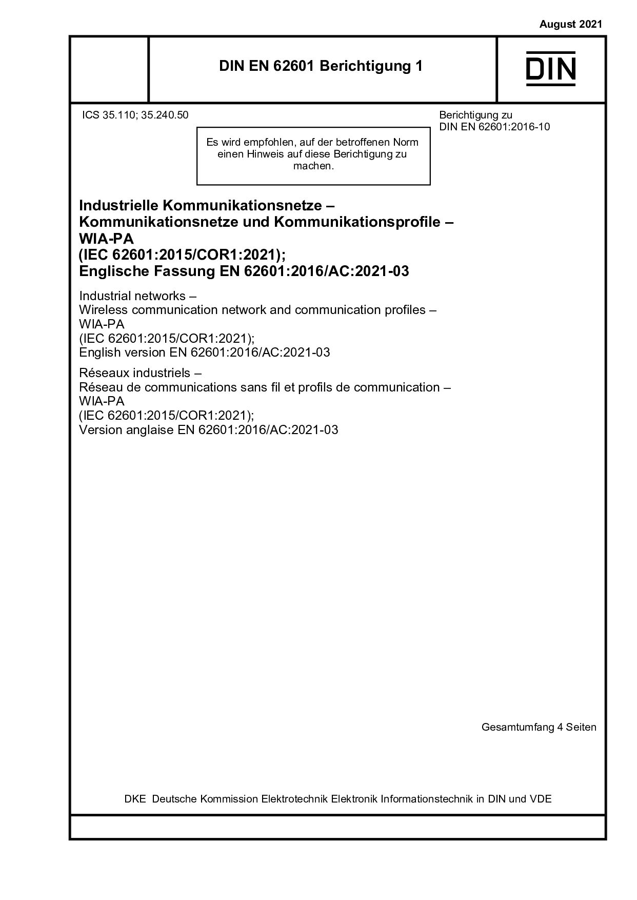 DIN EN 62601 Berichtigung 1:2021-08封面图