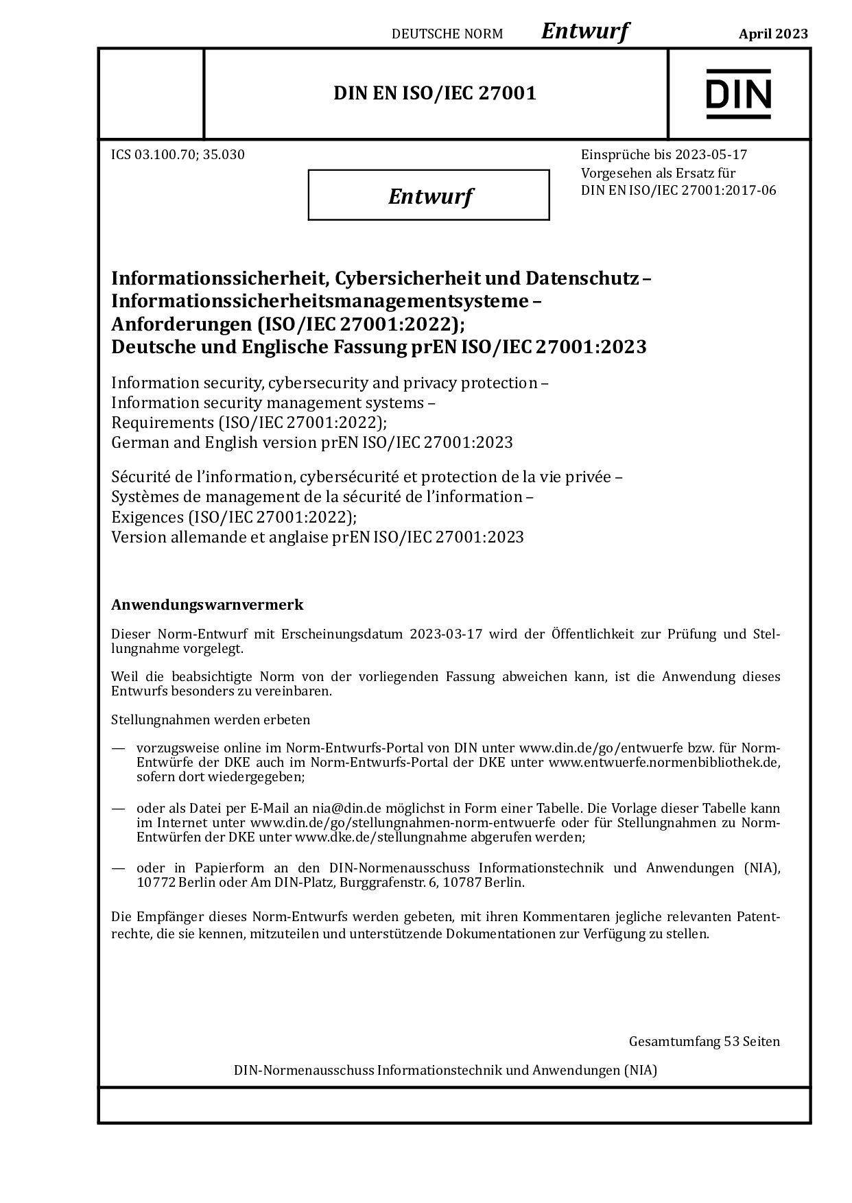 DIN EN ISO/IEC 27001:2023封面图