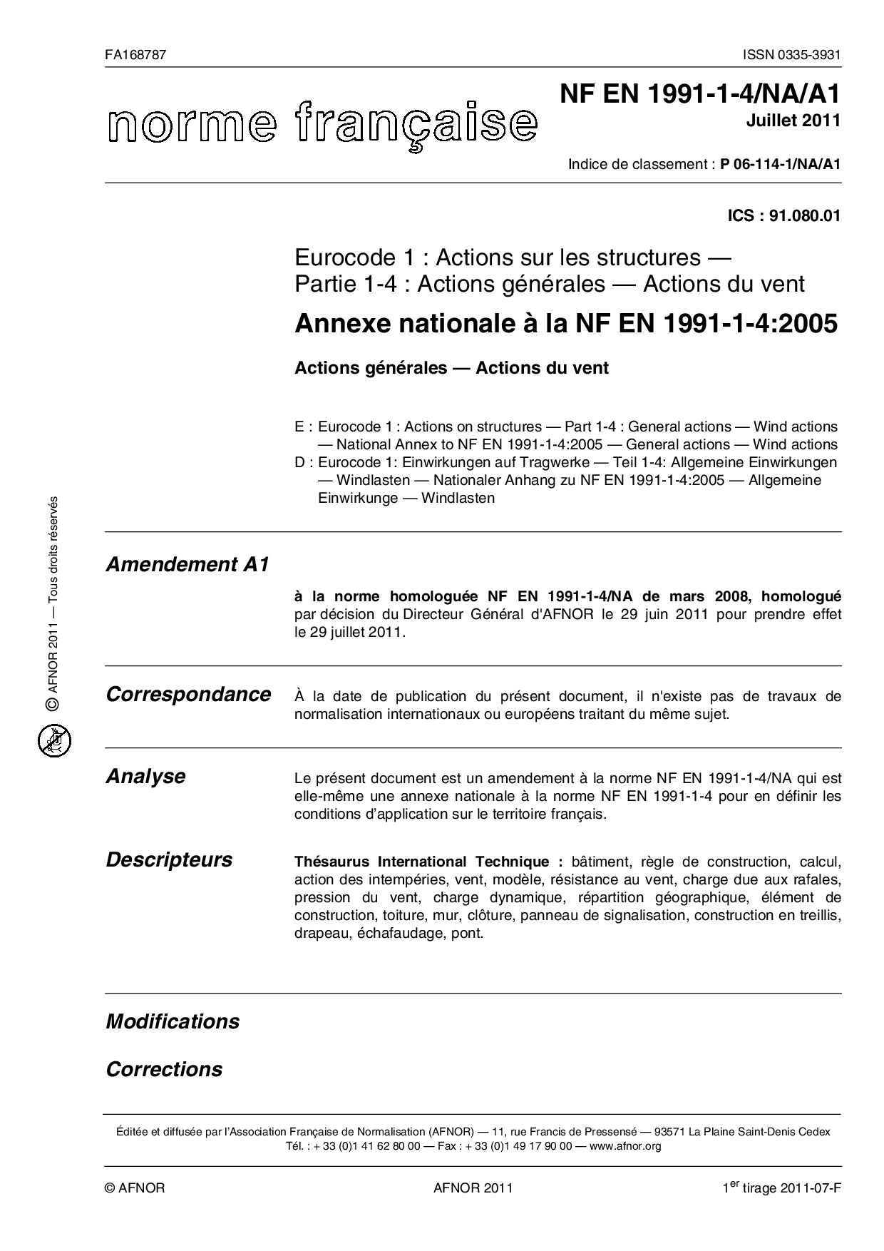 NF EN 1991-1-4/NA/A1:2011