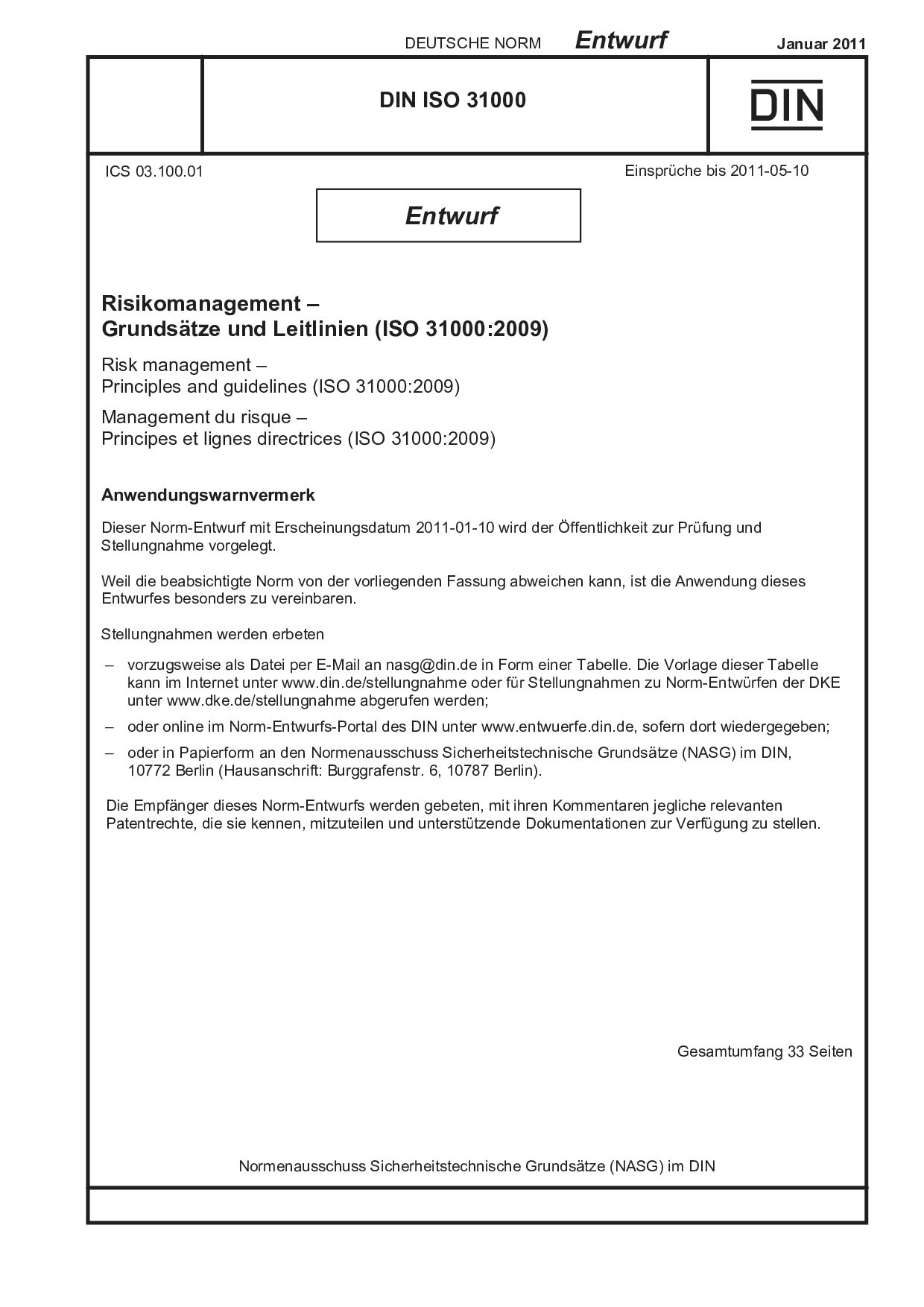 DIN ISO 31000 E:2011-01封面图