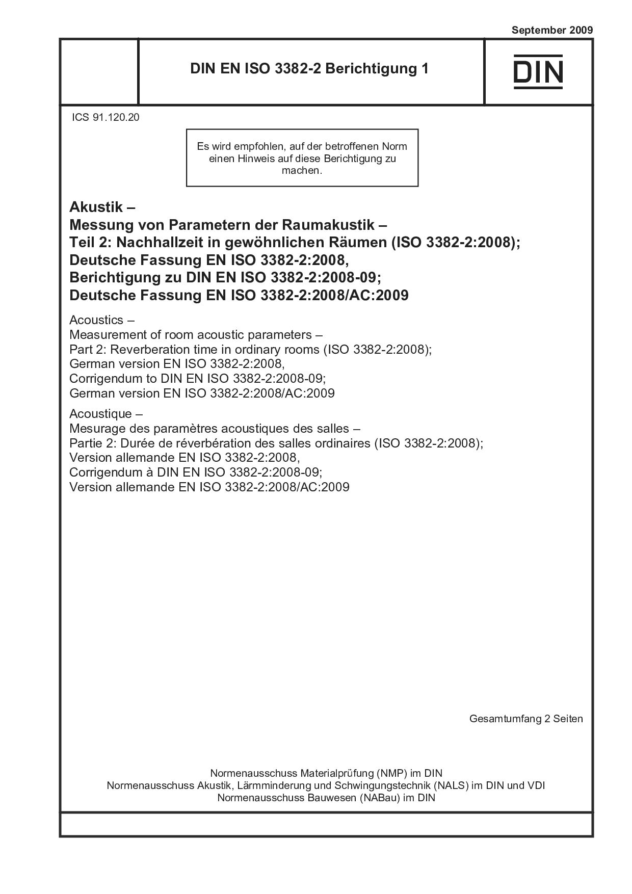 DIN EN ISO 3382-2 Berichtigung 1:2009封面图