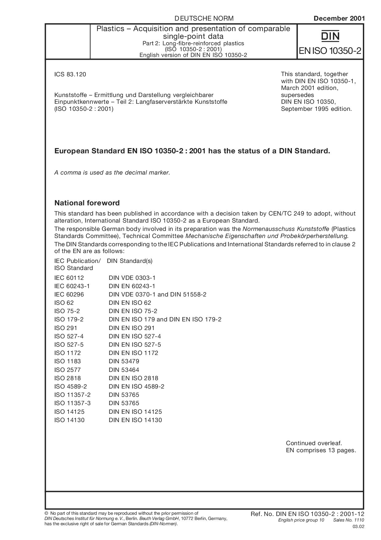 DIN EN ISO 10350-2:2001封面图