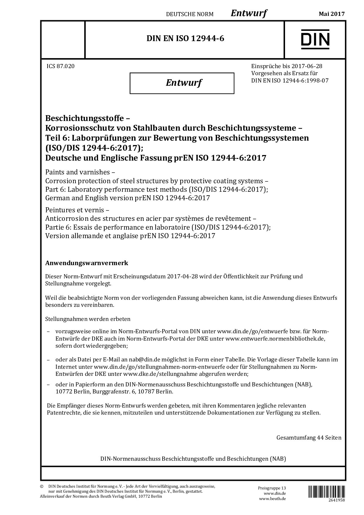 DIN EN ISO 12944-6 E:2017-05封面图