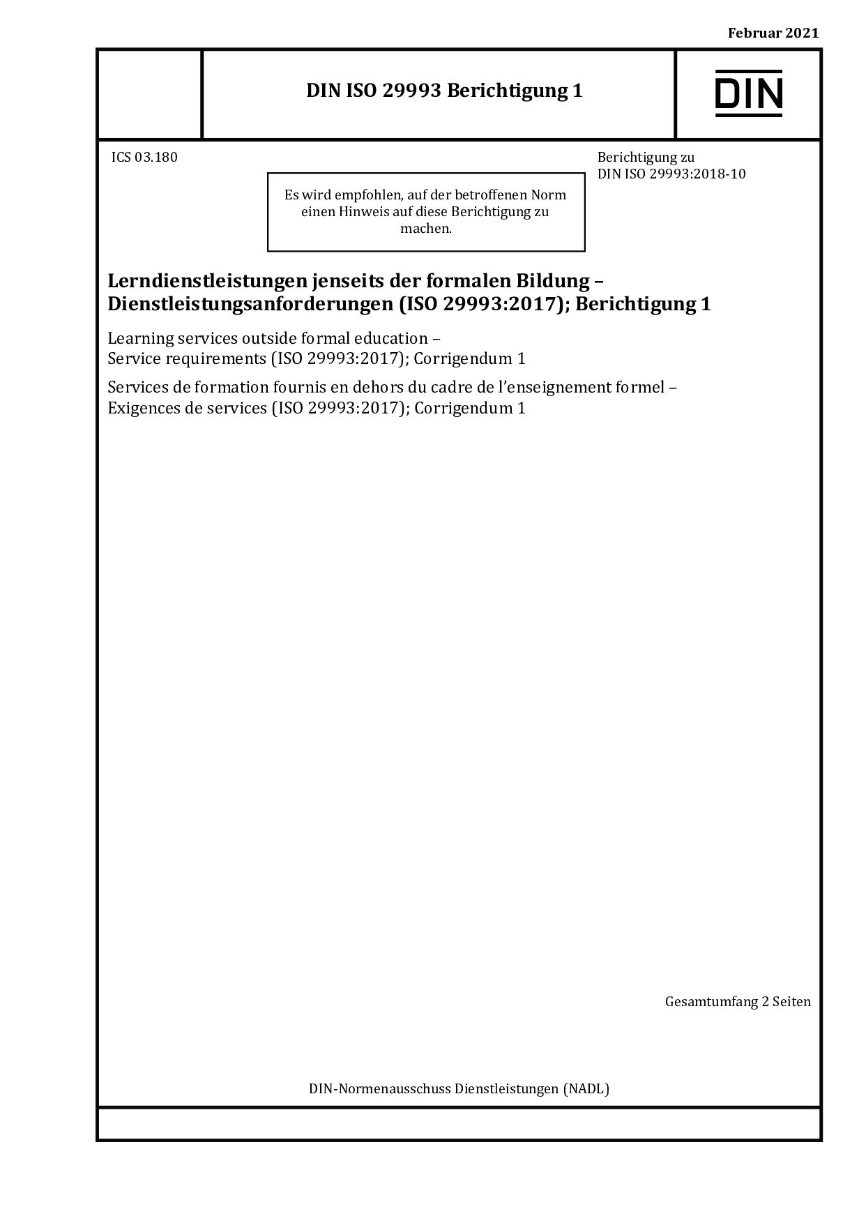 DIN ISO 29993 Berichtigung 1:2021-02封面图