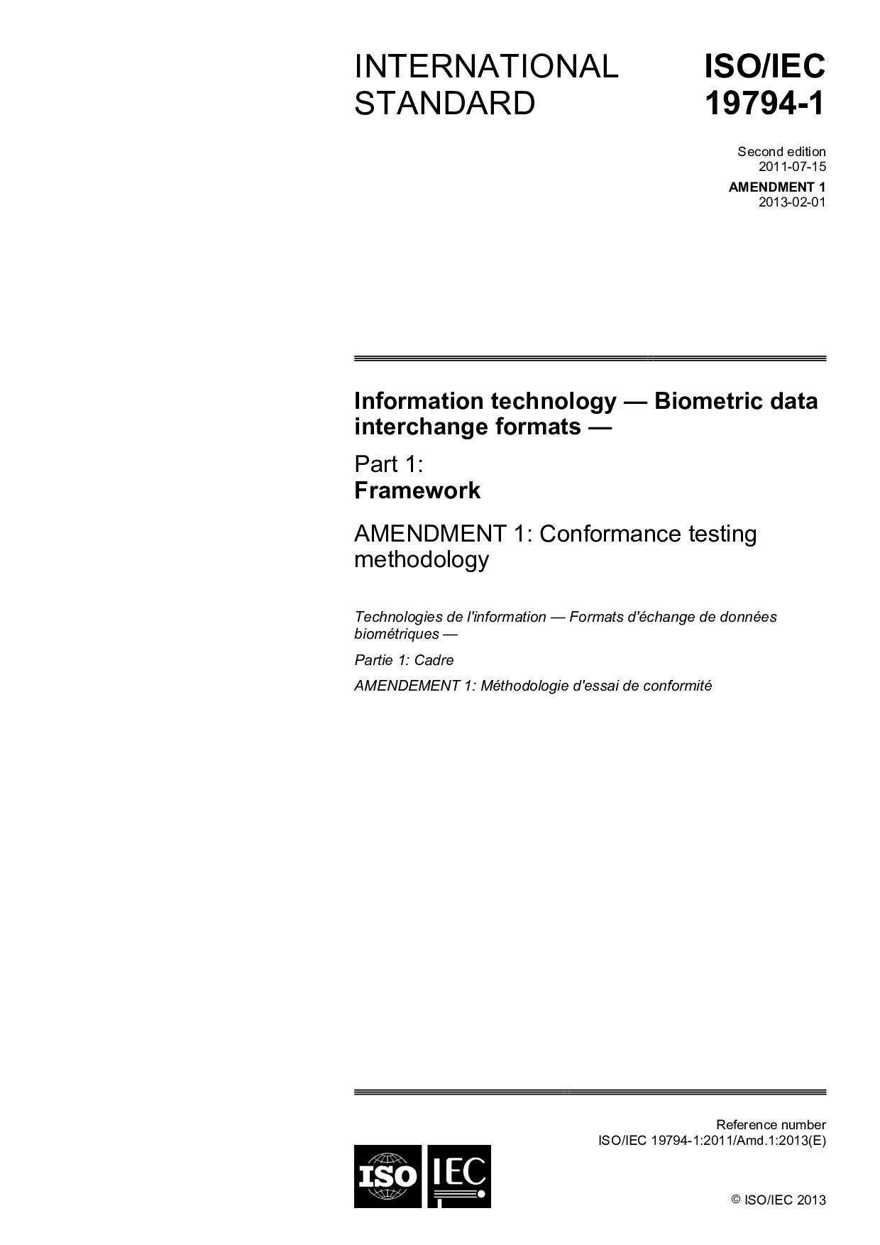 ISO/IEC 19794-1:2011/Amd 1:2013